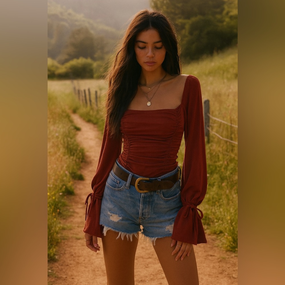 Free People Meant To Be Rust Red Ruched Trumpet Long Sleeve Bodysuit
